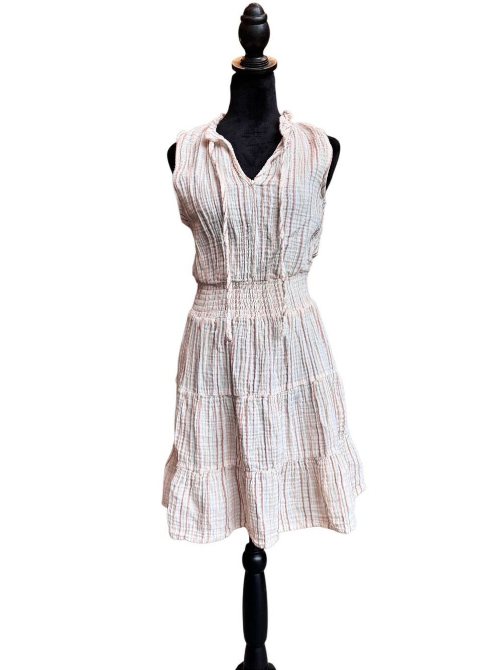 4OUR Dreamers Cotton Gauze Striped Tiered Mini Dress Cream Tan Sleeveless Size S